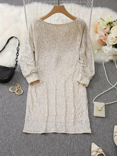 Casual Kontrast Pailletten V-Ausschnitt Langarm Party Trage Formelles Kleid Für Damen | Für formelle Anlässe