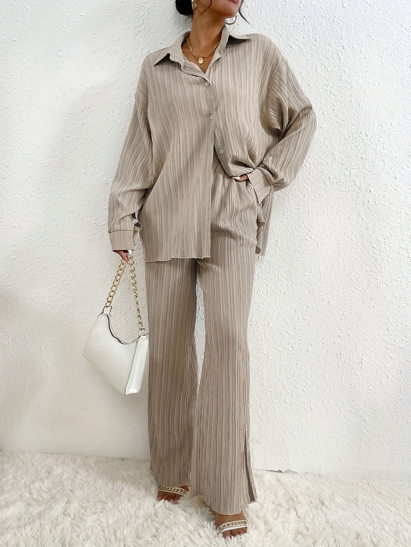 Bluse Mit Knopfleiste, Langarm & Elastische Taillenhose Outfit Set Für Damen | Ideal Für Herbst/Winter