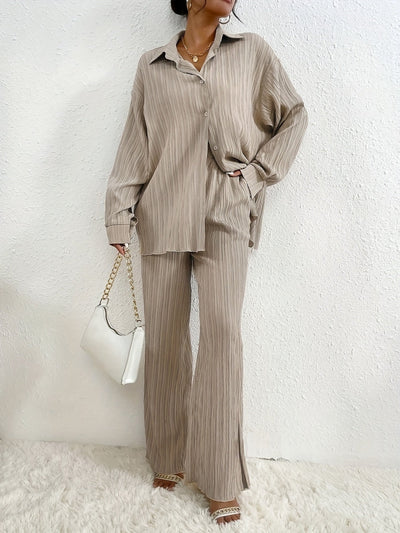 Bluse Mit Knopfleiste, Langarm & Elastische Taillenhose Outfit Set Für Damen | Ideal Für Herbst/Winter