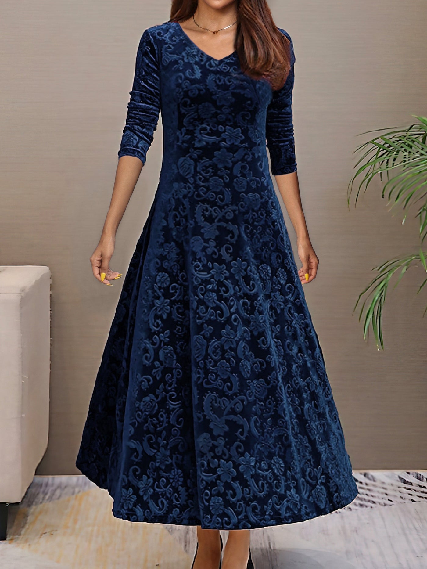 Elegantes V-Ausschnitt Langarm Blumenmusterformelles Kleid Für Damen | Für formelle Anlässe