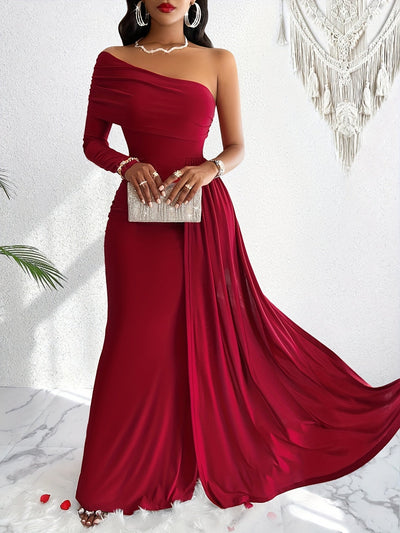 Elegantes Ein-Schulter Fließendes Rüschiertes Maxiformelles Kleid Für Damen | Für formelle Anlässe