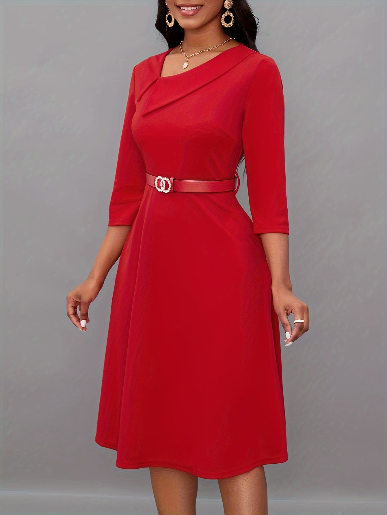 Stilvolles Einfarbiges Asymmetrisches Dekolleté Mit Gürtel 3/4 Ärmel Formelles Kleid Für Damen | Für formelle Anlässe