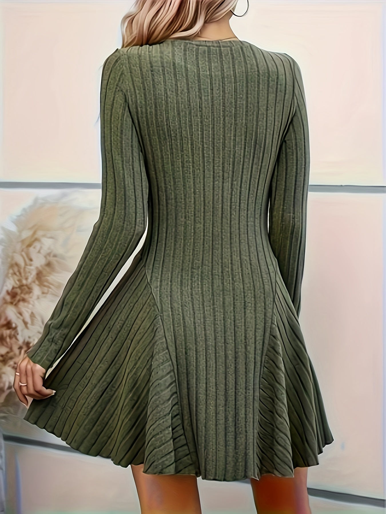 Stilvolles Geripptes V-Ausschnitt A-Linie Langarm Formelles Kleid Für Damen | Für formelle Anlässe