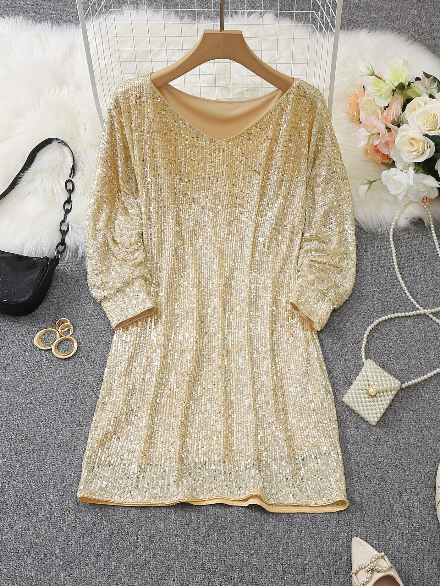 Casual Kontrast Pailletten V-Ausschnitt Langarm Party Trage Formelles Kleid Für Damen | Für formelle Anlässe