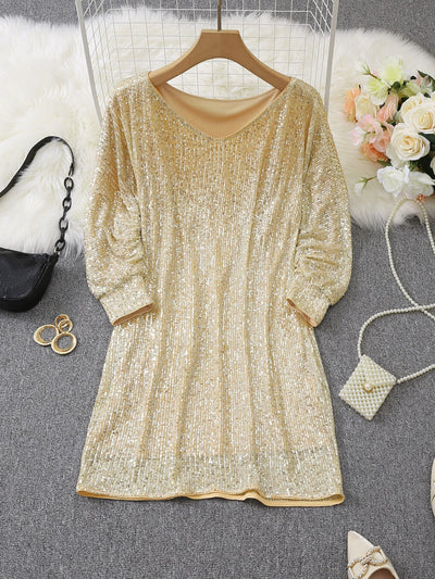 Casual Kontrast Pailletten V-Ausschnitt Langarm Party Trage Formelles Kleid Für Damen | Für formelle Anlässe