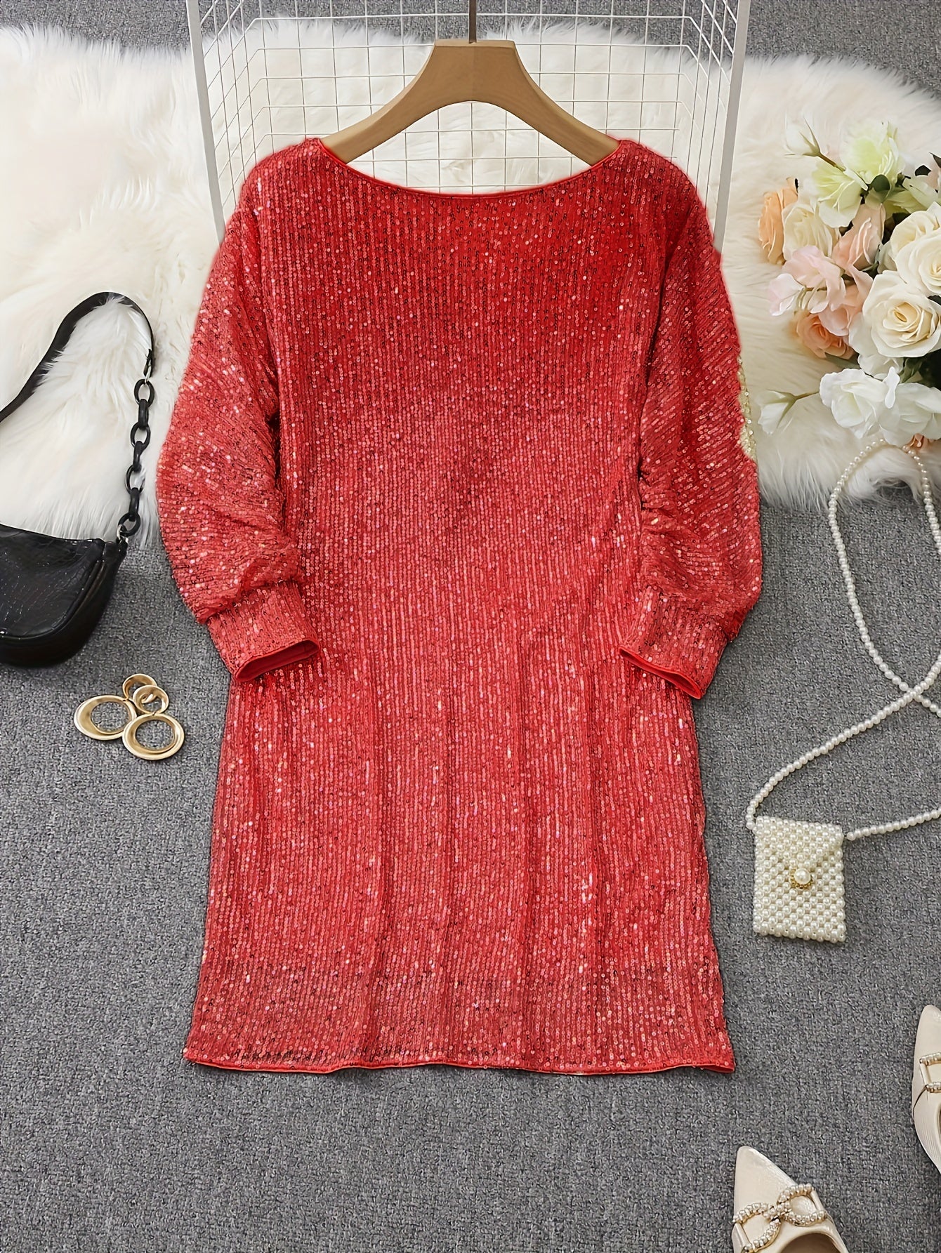 Casual Kontrast Pailletten V-Ausschnitt Langarm Party Trage Formelles Kleid Für Damen | Für formelle Anlässe