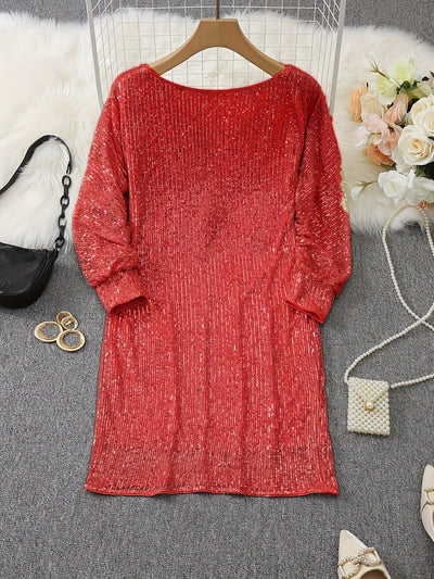 Casual Kontrast Pailletten V-Ausschnitt Langarm Party Trage Formelles Kleid Für Damen | Für formelle Anlässe