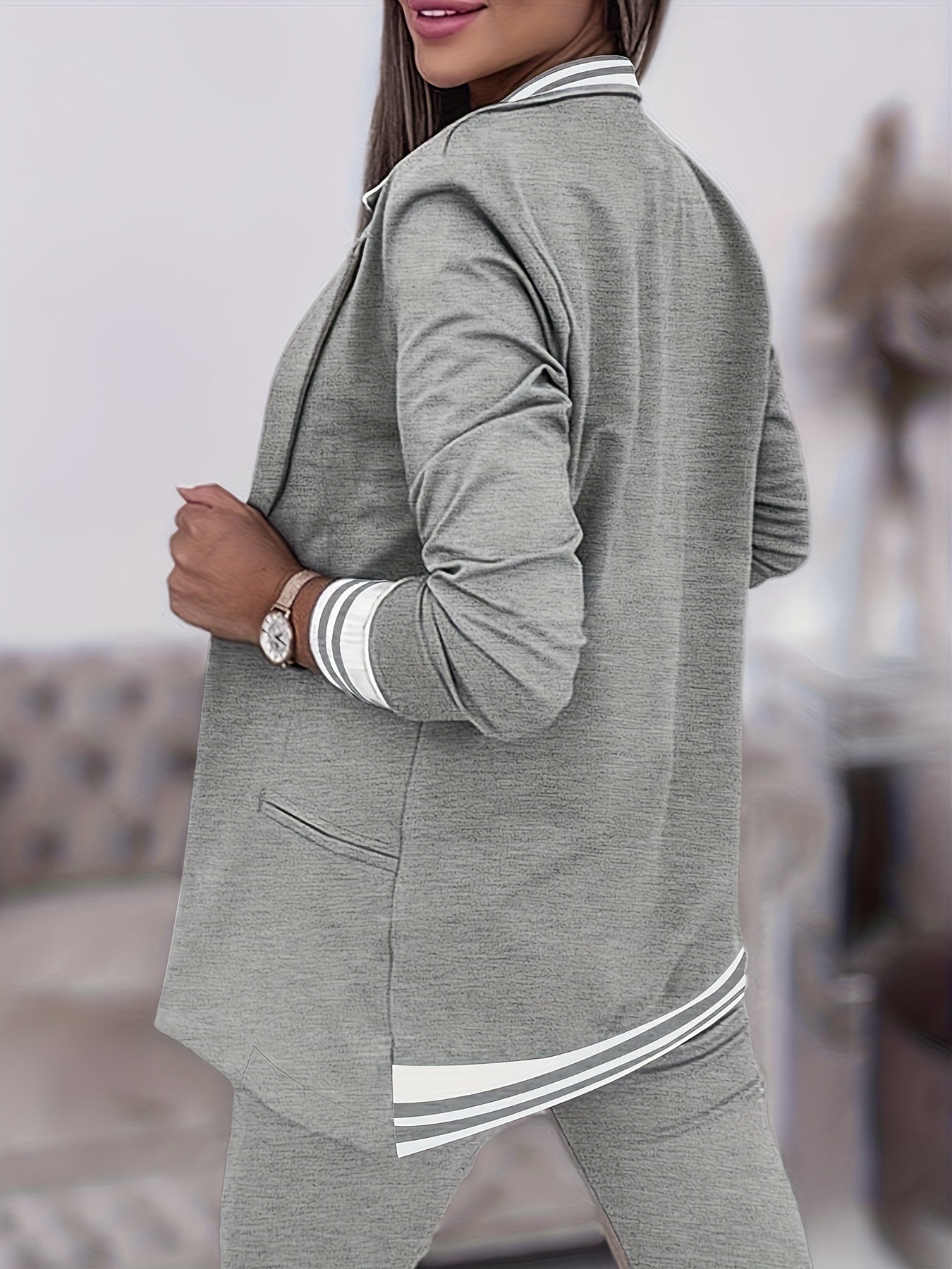 Lässiges Eintöniges Gestricktes Gewebe, Mit Taschen Blazer Set Für Damen | Perfekt Für Freizeit Tage