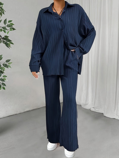 Bluse Mit Knopfleiste, Langarm & Elastische Taillenhose Outfit Set Für Damen | Ideal Für Herbst/Winter