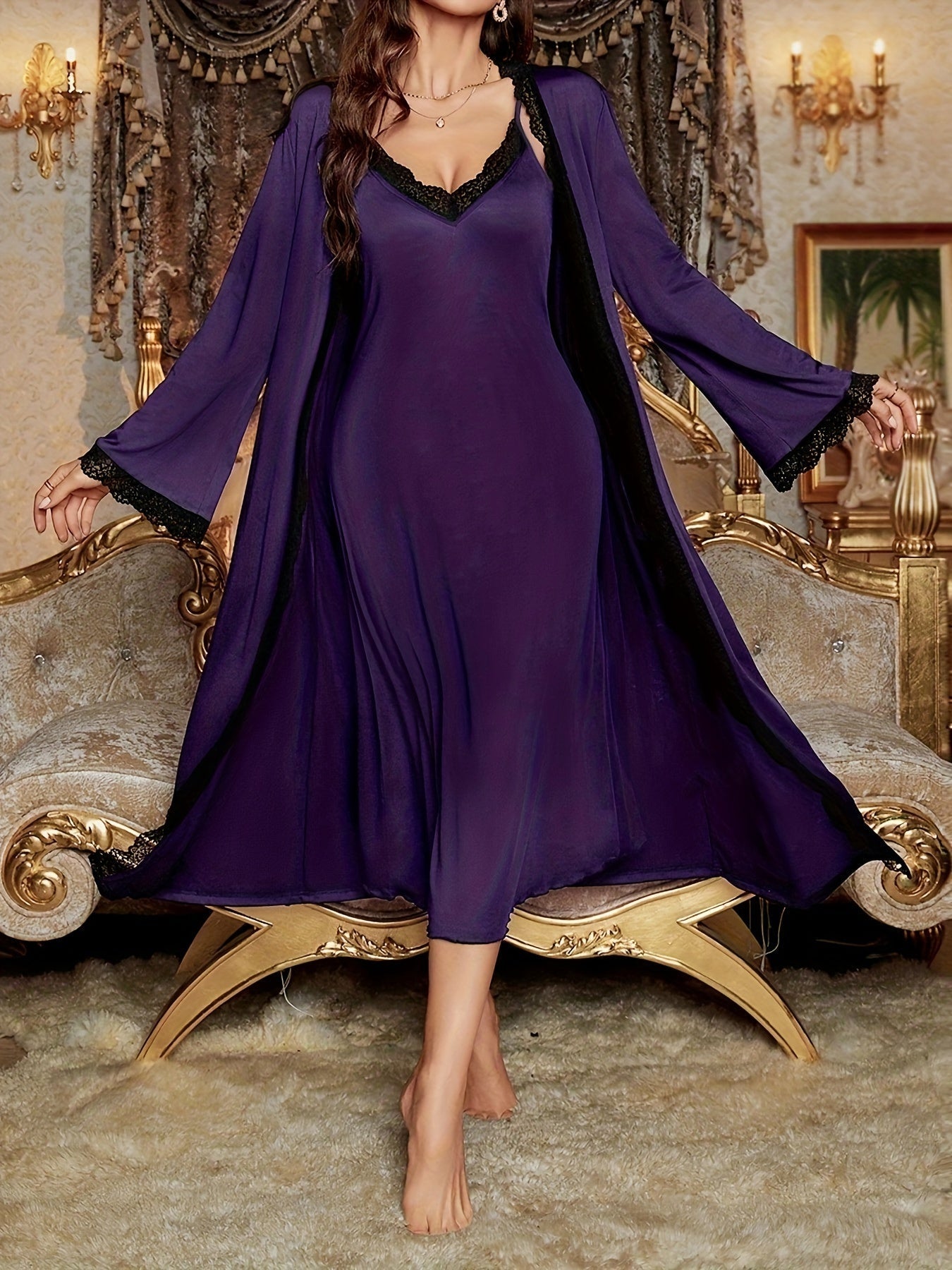 Elegantes Langärmliges Robe Mit Gürtel & V-Ausschnitt Slip Kleid Pyjama Set Für Damen | Ideal für den Alltag