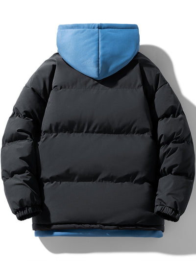 Lässige Schwarze Baumwoll-Fake-Doppelt Gepolsterte Kapuzen-Winterjacke Für Herren | Perfekt für Outdoor-Aktivitäten