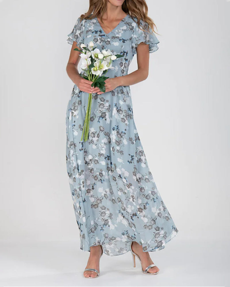 Trixia - Florales Maxikleid Damen | Chiffonstoff luftiges Sommerkleid | Maxikleid mit fließendem Rock