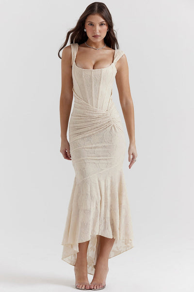 Spitzen-Maxikleid mit Drapierung | Romantischer Look | Feminine Eleganz