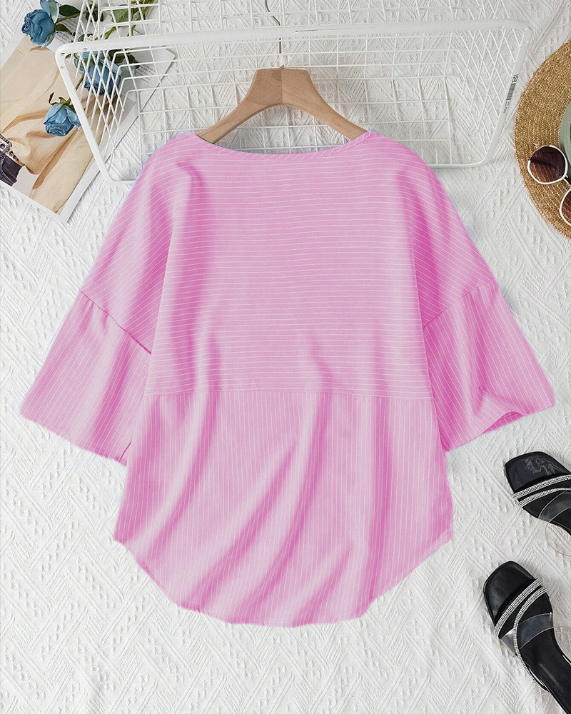 Abigail - Lässige, gestreifte Bluse mit lockerer Passform und Knopfleiste für Damen | Gestreifte Bluse mit Rundhalsausschnitt und halblangen Ärmeln