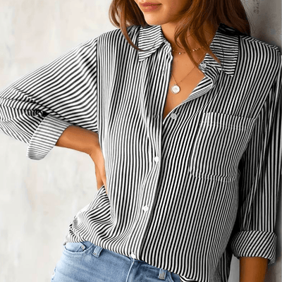 Bluse mit Streifenmuster | Brusttasche | Klassischer Kragen