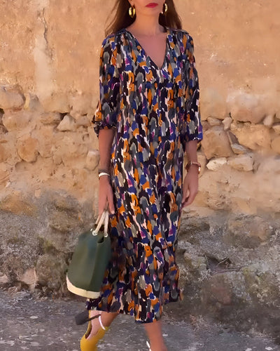 VIOLETTA | Langes V-Ausschnitt Kleid mit Retro-Muster und Elegantem Komfort für jeden Moment