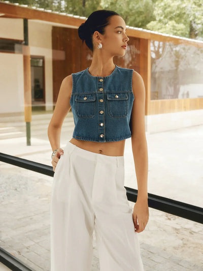 Ärmellose Denim-Weste | Knopfleiste | Moderner Cropped-Schnitt