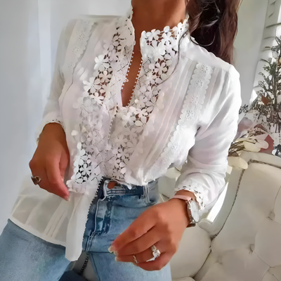 Spitzenbluse mit Stickereidetails | Stehkragen | Eleganter Boho-Stil