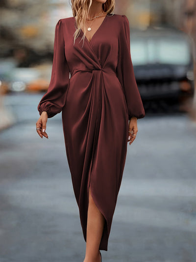 Stylisches Seidiges Rüschierter Taillierter Wickel Surplice-Ausschnittformelles Kleid Für Damen | Für formelle Anlässe