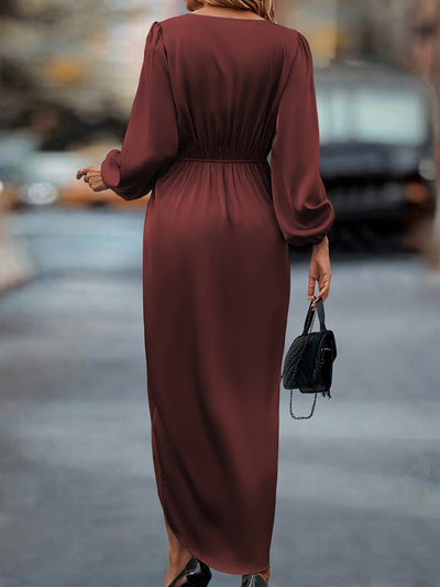 Stylisches Seidiges Rüschierter Taillierter Wickel Surplice-Ausschnittformelles Kleid Für Damen | Für formelle Anlässe