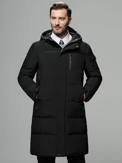 Stylische Schwarze Lange Kapuzen Daunen Nicht-Dehnbar Winterjacke Für Herren | Perfekt für Outdoor-Aktivitäten
