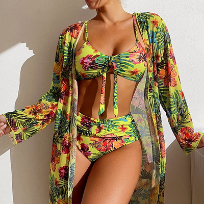 Alice - Bikini-Set mit hoher Taille und tropischem Blumenmuster und transparentem Überzug