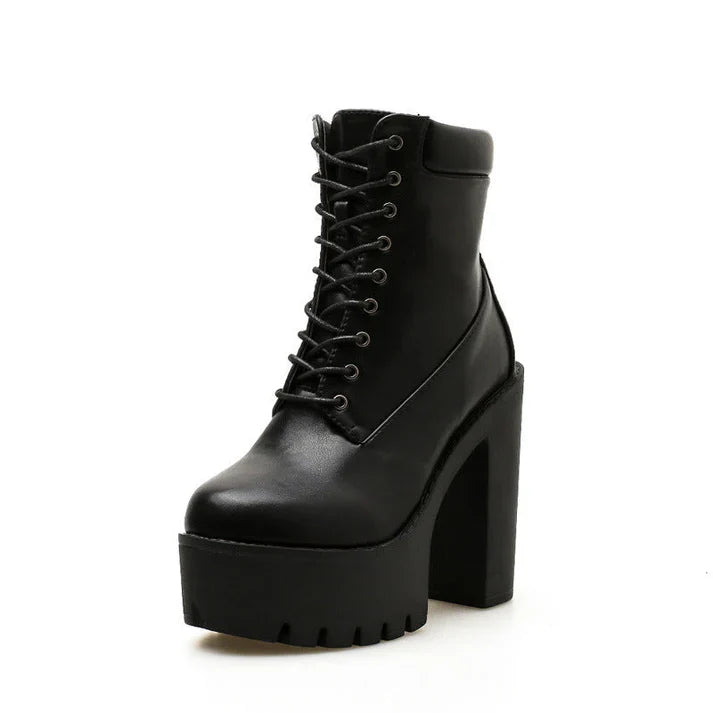 Damen Schnürstiefeletten – Plateau-Stiefel mit Blockabsatz und Robuster Sohle in Beige und Schwarz