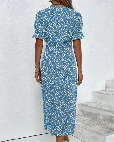 Damen Elegantes Blumen Kleid | V-Ausschnitt