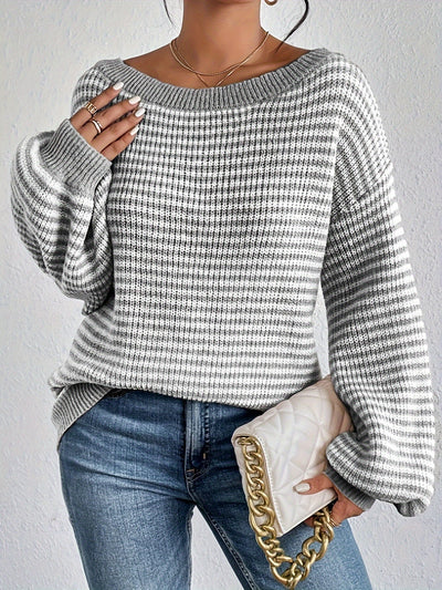 Lässiger gestreifter Off-Shoulder-Pullover mit dehnbarer Stoff und Rundhalsausschnitt für Damen | Perfekt für den Alltag
