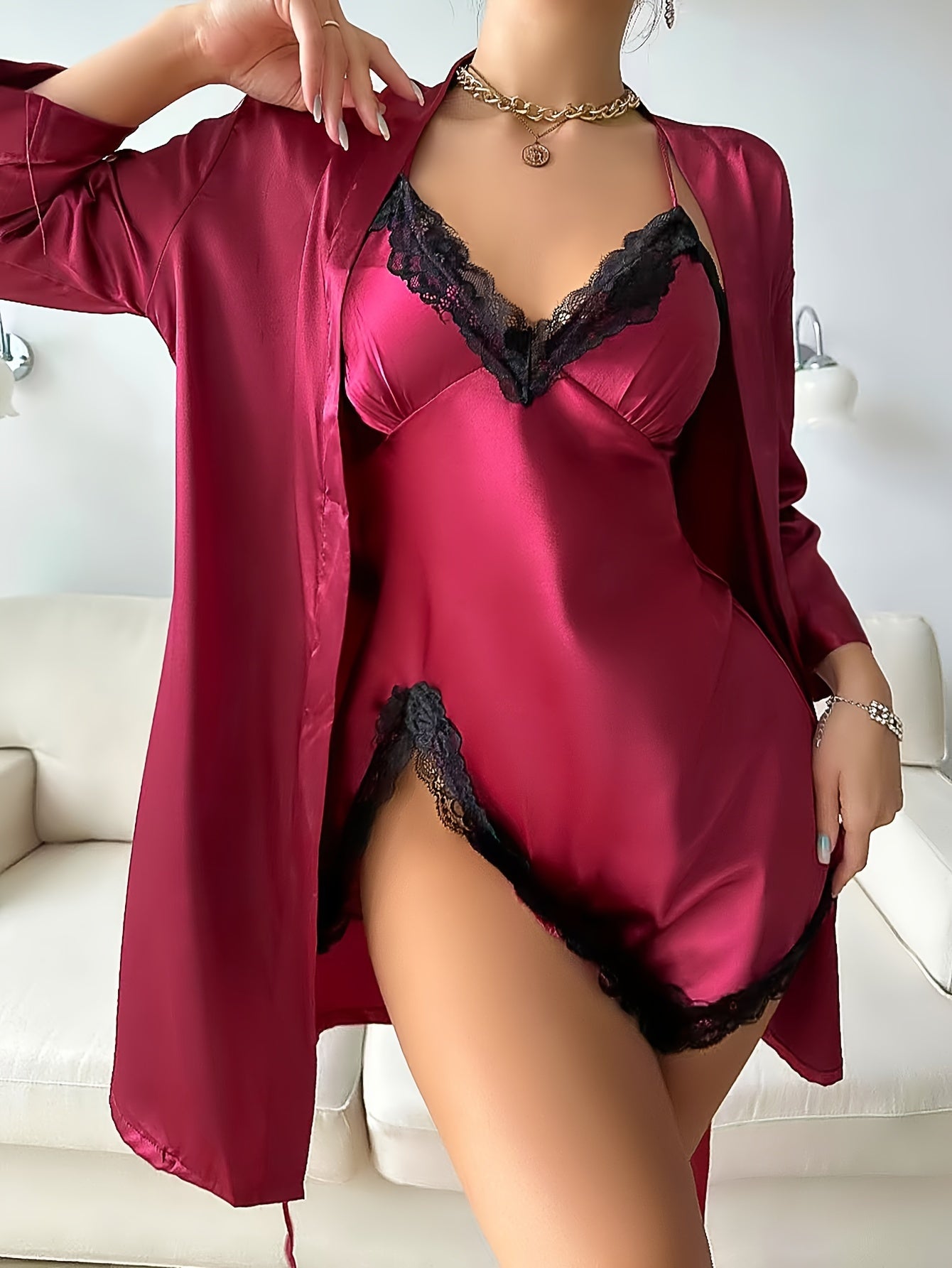 Bequemes Satin Robe Und V-Ausschnitt Slip Kleid Pyjama Set Für Damen | Ideal für jede Jahreszeit