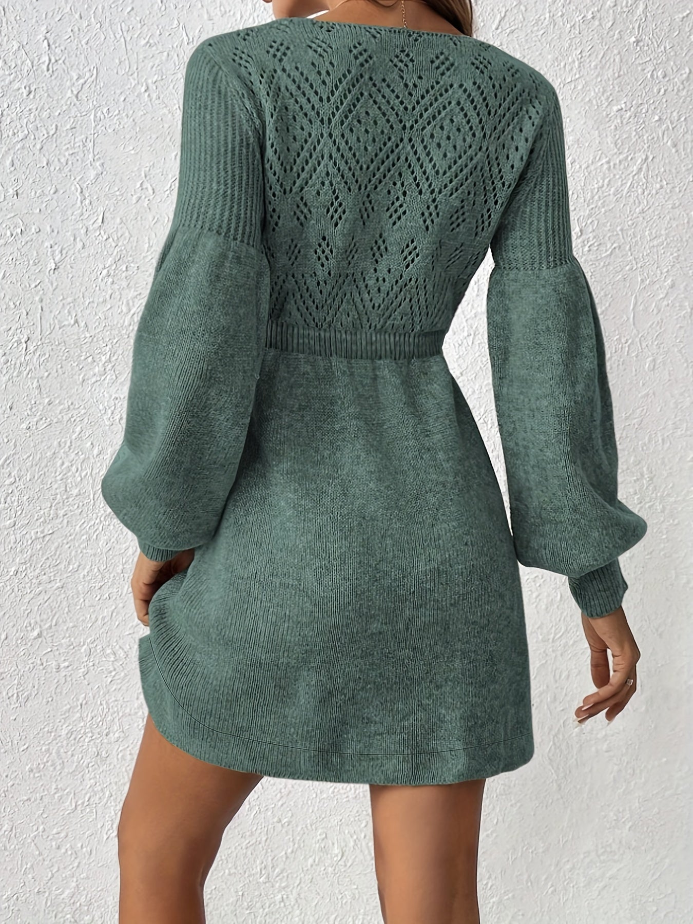 Casual Lochmuster Einfarbiges Strick Laternen Ärmel A-Linie Geraffte Taille Formelles Kleid Für Damen | Für formelle Anlässe