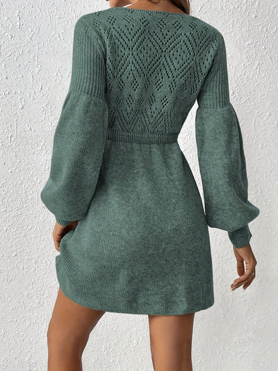 Casual Lochmuster Einfarbiges Strick Laternen Ärmel A-Linie Geraffte Taille Formelles Kleid Für Damen | Für formelle Anlässe