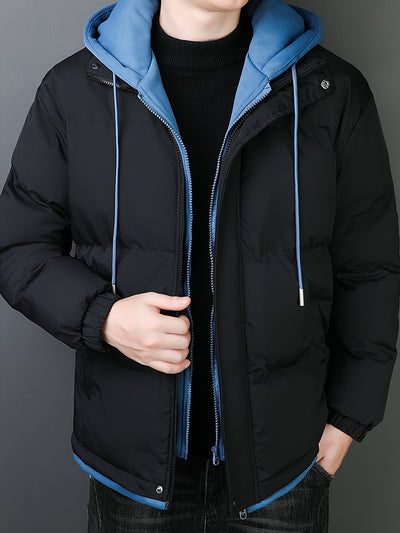 Lässige Schwarze Baumwoll-Fake-Doppelt Gepolsterte Kapuzen-Winterjacke Für Herren | Perfekt für Outdoor-Aktivitäten