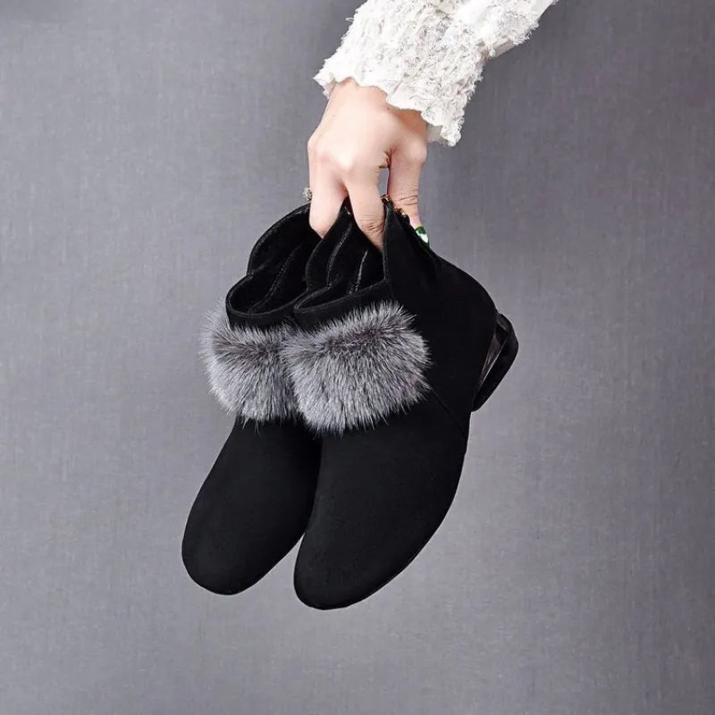 Damen Ankle Boots – Elegante Stiefeletten mit Kunstfellbesatz und Flachem Absatz