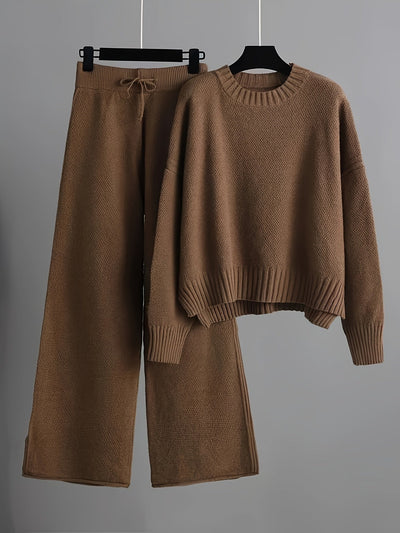 Bequemer Pullover In Einfarbigem Strick & Weitgeschnittene Jogginghose Für Damen | Ideal für Herbst/Winter