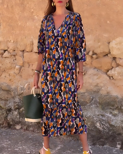 VIOLETTA | Langes V-Ausschnitt Kleid mit Retro-Muster und Elegantem Komfort für jeden Moment