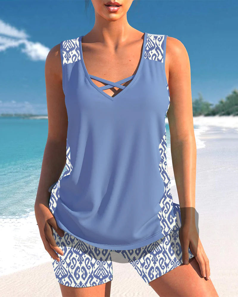 Tankini-Set mit Musterdetails | Überkreuzter V-Ausschnitt | Figurumschmeichelnd