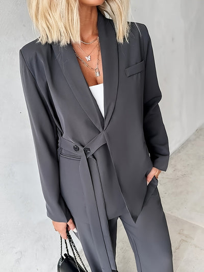 Stilvolles Schalkragen Knopf Gürtel Blazer Set Für Damen | Perfekt für formelle Anlässe