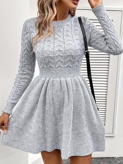 Casual Einfarbiges Kabelstrick Geraffte Taille Rüschen Saum Langarm Formelles Kleid Für Damen | Für formelle Anlässe