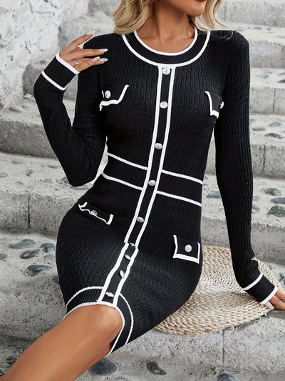Stilvolles Farbblock Gestreift Gestricktes Langarm Rundhals Mit Knopf Dekor Formelles Kleid Für Damen | Für formelle Anlässe