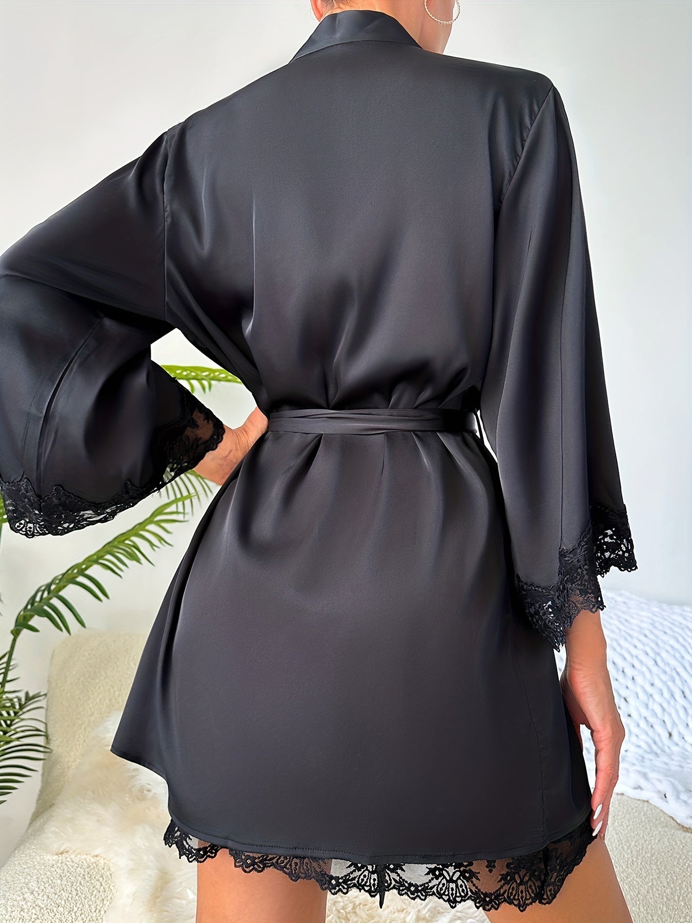 Bequemes Satin Spitzenbesatz Robe Mit Gürtel Und Dehnbarer Taillenbund Kleid Pyjama Set Für Damen | Ideal für jede Jahreszeit
