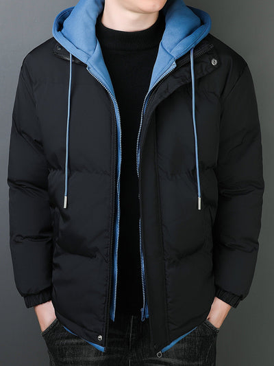 Lässige Schwarze Baumwoll-Fake-Doppelt Gepolsterte Kapuzen-Winterjacke Für Herren | Perfekt für Outdoor-Aktivitäten