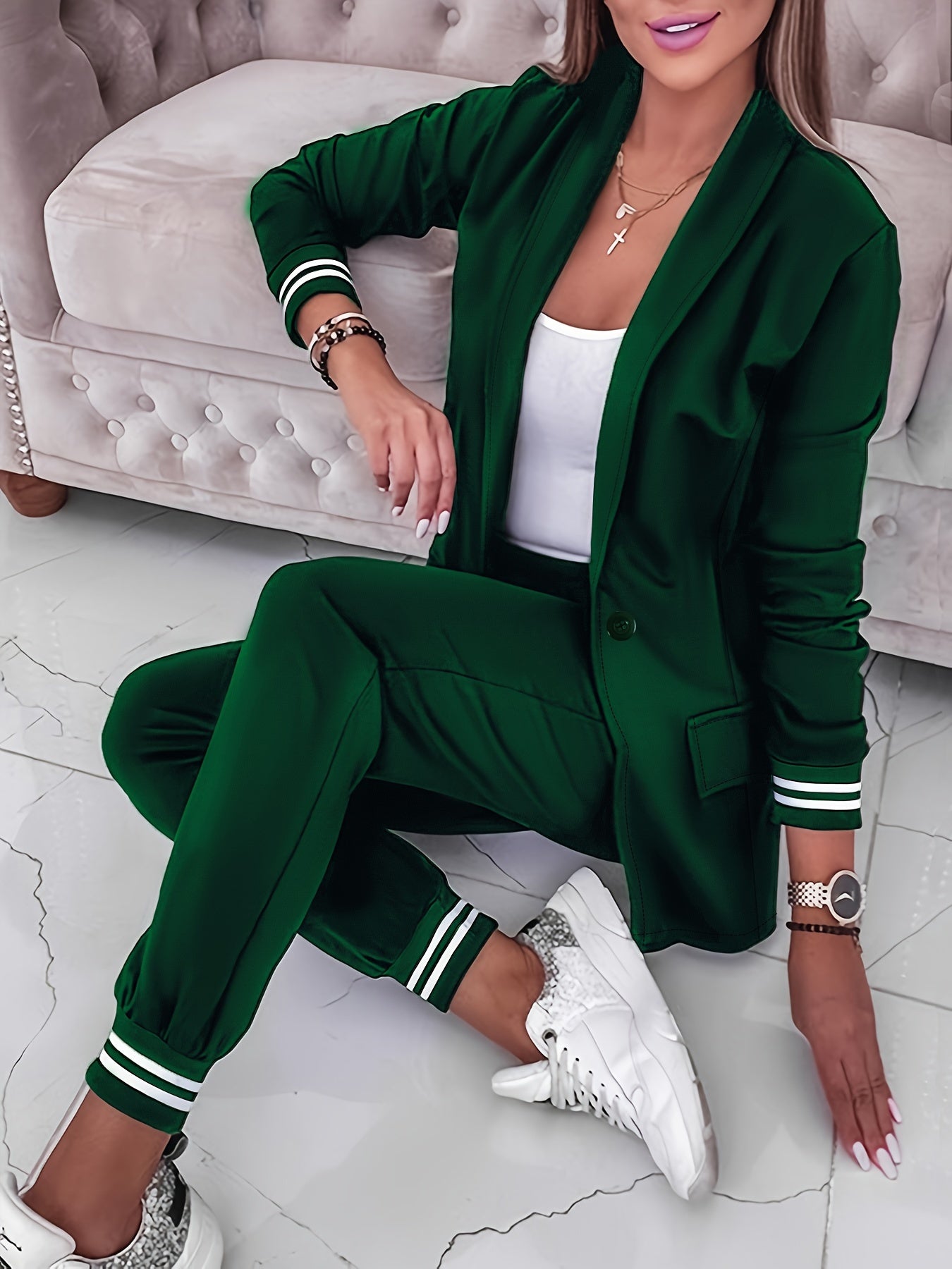 Stilvolles Kontrastierendes Besatz Knopf-Front Zweiteiliges Blazer Set Für Damen | Für formelle Anlässe