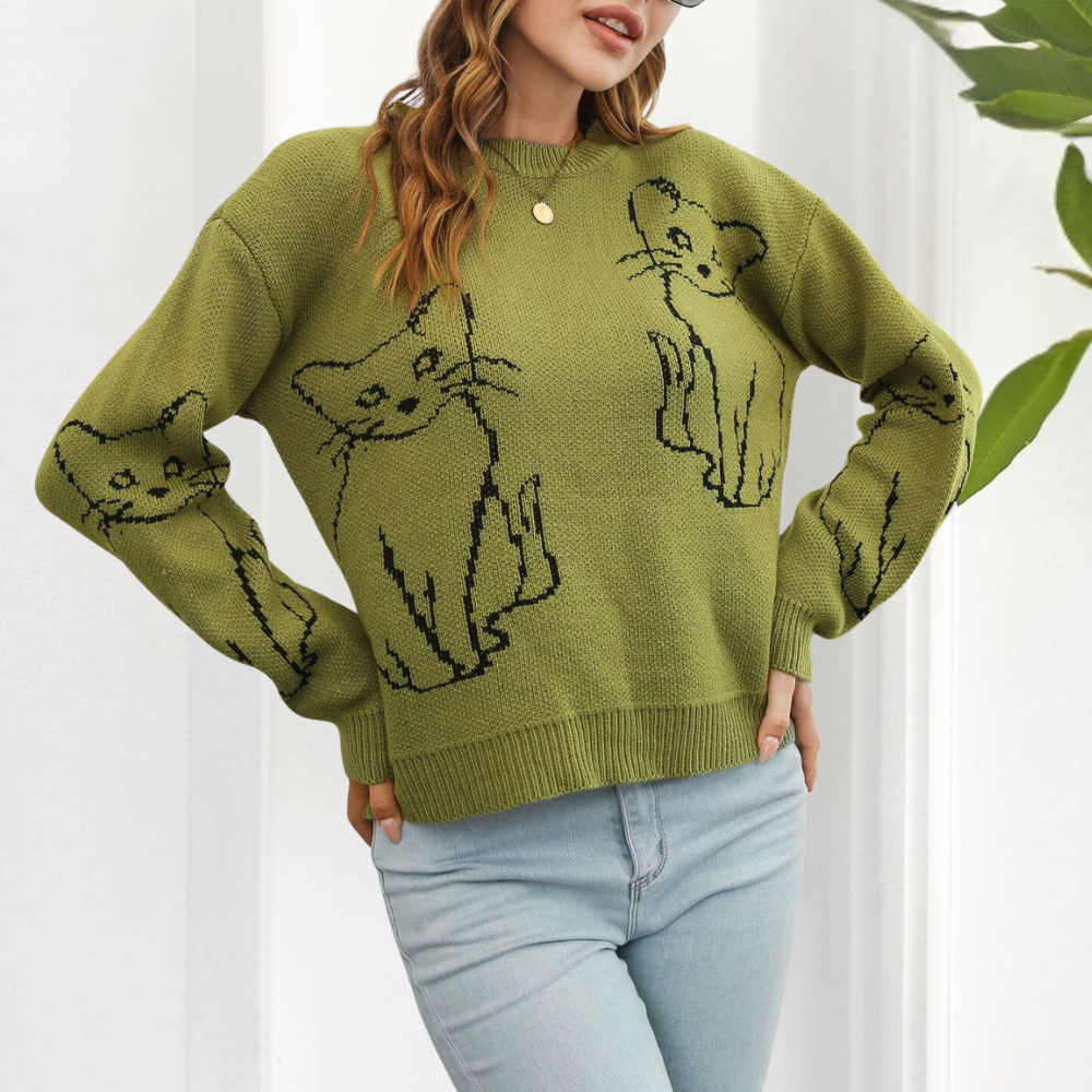 Verspielter Strickpullover | Katzenmotiv | Lässige Passform