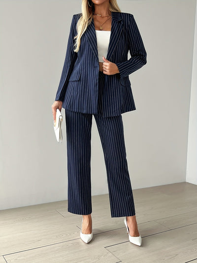 Elegantes Gestreiftes Knopfleiste Langarm-Blazer & High Waist Gerade-Hosen Outfit-Set Für Damen | Perfekt für formelle Anlässe