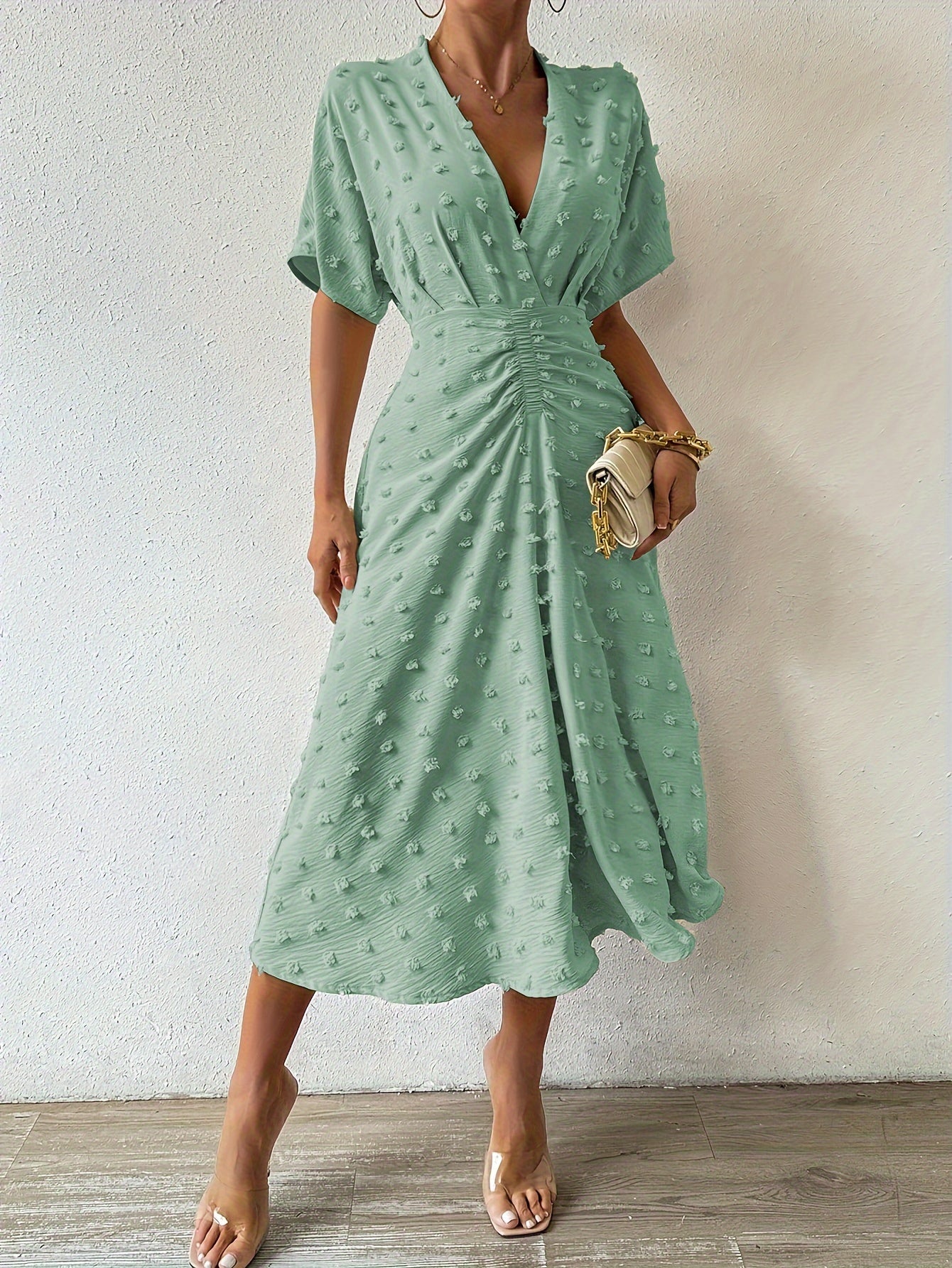 Stilvolles Schweizer Punkt Gerafft Gefaltet Tiefes Dekolleté Kurzarm Midi Formelles Kleid Für Damen | Für formelle Anlässe