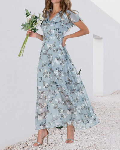 Trixia - Florales Maxikleid Damen | Chiffonstoff luftiges Sommerkleid | Maxikleid mit fließendem Rock