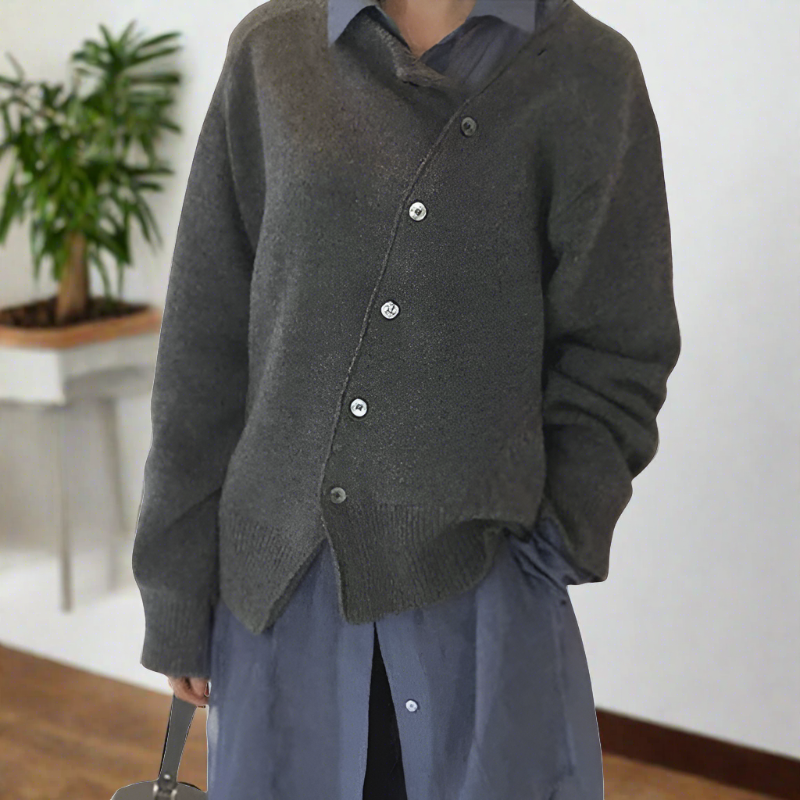 Damen Strickjacke mit Asymmetrischer Knopfleiste – Stilvoller Beiger Cardigan für Herbst & Winter – Weiche Langarmjacke im Lagenlook