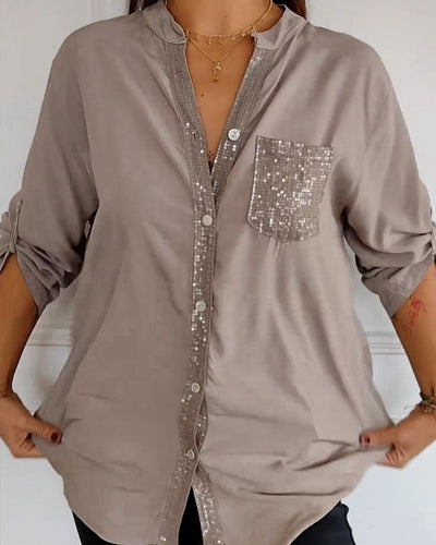 Amelia - Schicke Bluse mit Knopfleiste und Paillettenbesatz für Damen | Elegante Langarmbluse mit Paillettentasche