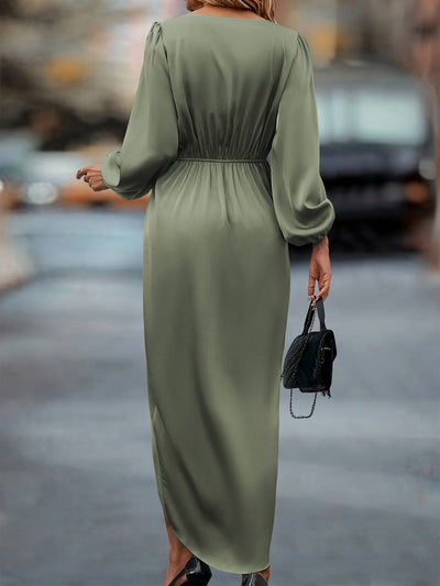 Stylisches Seidiges Rüschierter Taillierter Wickel Surplice-Ausschnittformelles Kleid Für Damen | Für formelle Anlässe